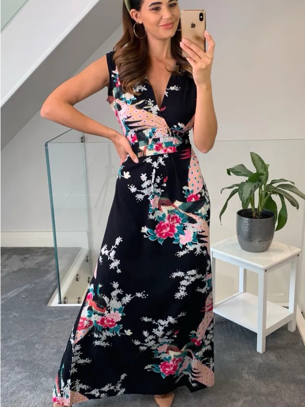 Ruby Rocks Sleeveless Black Floral Maxi Dress with Peacock Pattern